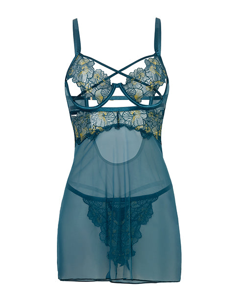 Daphne Lace & Mesh Babydoll w/Embroidered Details & Crossing Elastics - Blue