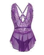 Harmony V - Plunge Lace & Mesh Babydoll w/G - String - Purple