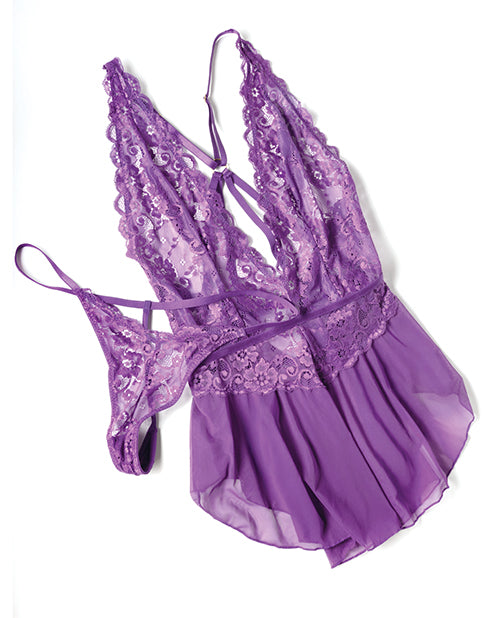Harmony V - Plunge Lace & Mesh Babydoll w/G - String - Purple