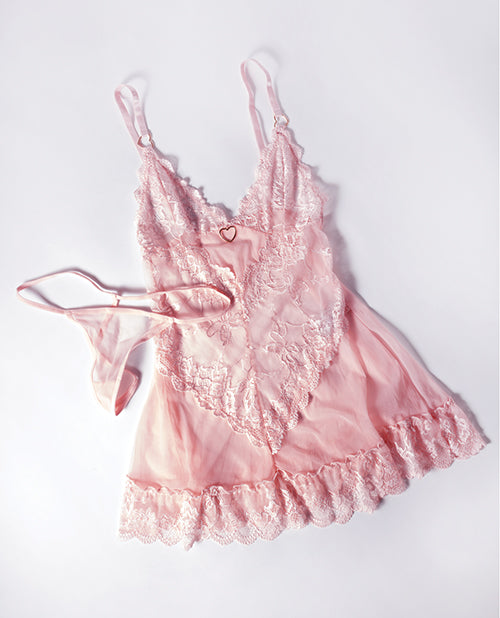 Forever Valentine Lace Babydoll w/Heart Charm & G - String - Pink