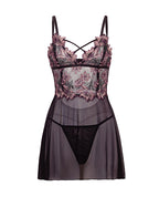 Adela Embroidered Boned Lace and Mesh Babydoll w/G-String 2 pc Set - Black/Pink 1X
