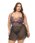 Adela Embroidered Boned Lace and Mesh Babydoll w/G-String 2 pc Set - Black/Pink 2X