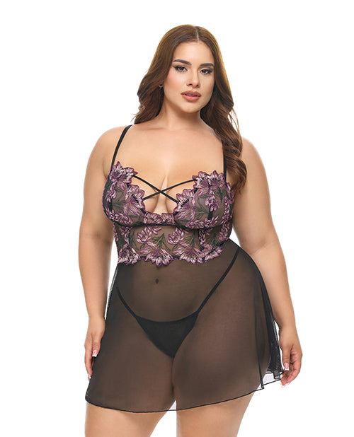 Adela Embroidered Boned Lace and Mesh Babydoll w/G-String 2 pc Set - Black/Pink 2X