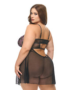 Adela Embroidered Boned Lace and Mesh Babydoll w/G-String 2 pc Set - Black/Pink 2X