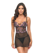 Adela Embroidered Boned Lace and Mesh Babydoll w/G-String 2 pc Set - Black/Pink LG