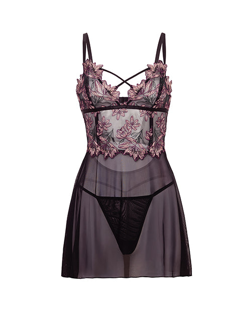Adela Embroidered Boned Lace and Mesh Babydoll w/G-String 2 pc Set - Black/Pink LG