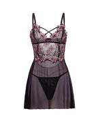 Adela Embroidered Boned Lace and Mesh Babydoll w/G-String 2 pc Set - Black/Pink LG