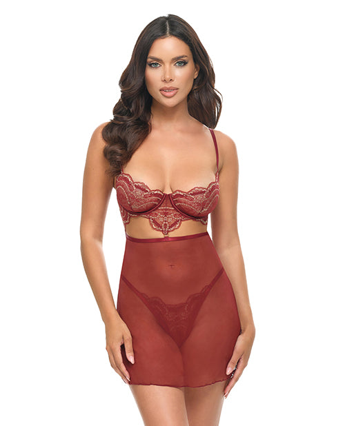 Arielle Unlined Underwire Lace Babydoll w/G - String - Burgundy
