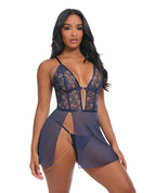 Bleu Floral Embroidered V - Plunge Babydoll w/Chain Tassel, Chain Garter, & G - String - Navy