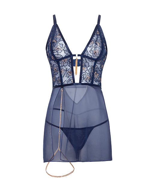 Bleu Floral Embroidered V - Plunge Babydoll w/Chain Tassel, Chain Garter, & G - String - Navy