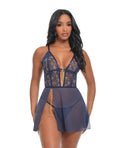 Bleu Floral Embroidered V - Plunge Babydoll w/Chain Tassel, Chain Garter, & G - String - Navy