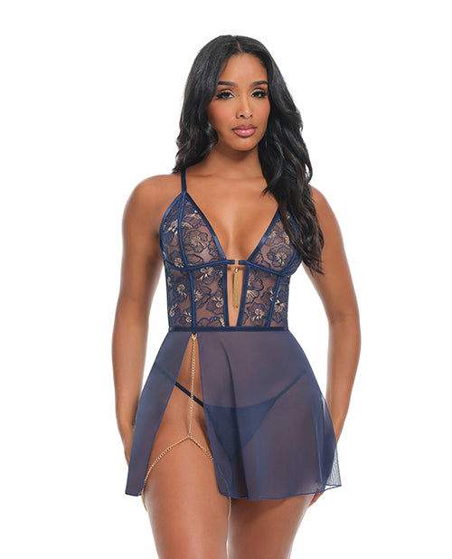 Bleu Floral Embroidered V - Plunge Babydoll w/Chain Tassel, Chain Garter, & G - String - Navy