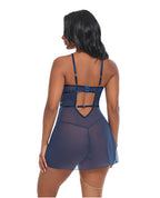 Bleu Floral Embroidered V - Plunge Babydoll w/Chain Tassel, Chain Garter, & G - String - Navy