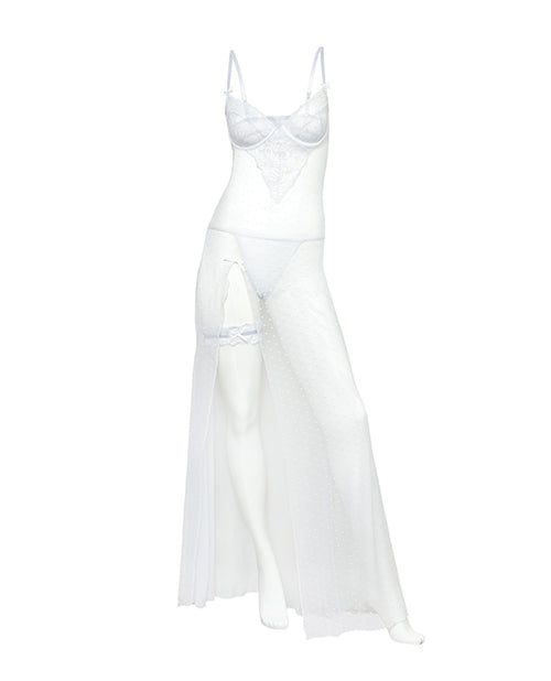 Livia Dot Mesh & Lace Underwire Gown & Garter 2 pc Set - White