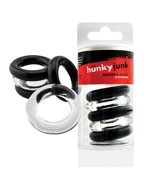 Hunky Junk Jacker 5 Pack Cockring - Clear/Black