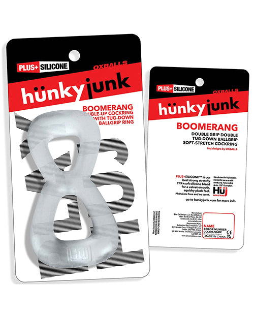 Hunky Junk Boomerang Double Ring Cockring & Nut - Tugger - Clear Steam