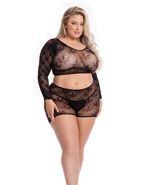 Pink Lipstick Leaf it to Me Long Sleeve Crop Top & Short Black