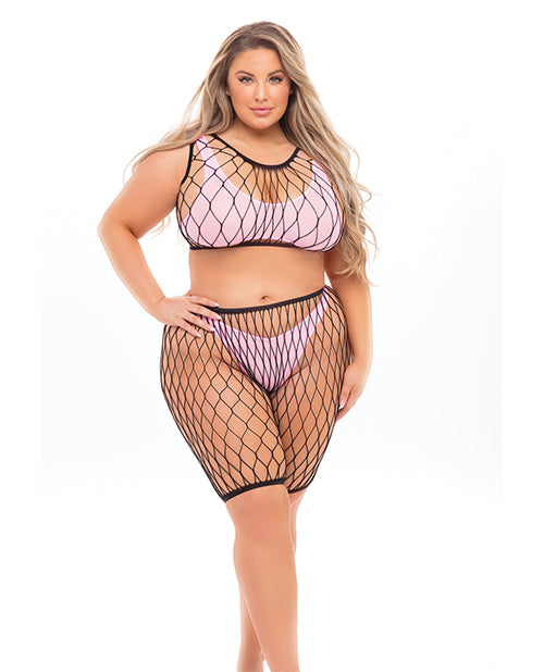 Pink Lipstick Brace for Impact Fishnet Top, Shorts, Bra & Thong (Fits up to ) PinkQN