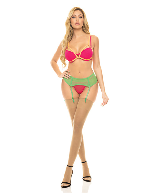 Pink Lipstick Come to Me Bra, Garter Belt & G - String Neon