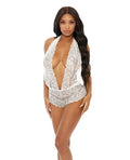 Sheer Lace Deep V Halter Bodysuit w/Open Crotch White