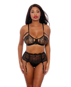 Two Tone Scalloped Lace Bra, High Waist Garter Belt & G - String Black/Silver