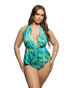 Tropical Dream Romper w/Jungle Print, Flared Leg Opening, & Cheeky Back - Green/Blue