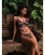 After Midnight Lace Embroidered Metallic Peony Bralette & Thong 2 pc Set - Black/Blue