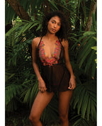 Midnight Rose Multicolor Floral Embroidered Lace Baby Doll - Black/Hot Pink