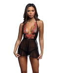 Midnight Rose Multicolor Floral Embroidered Lace Baby Doll - Black/Hot Pink