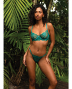 Electric Crush Metallic Floral Embroidered Lace Bra & Thong 2 pc Set - Teal