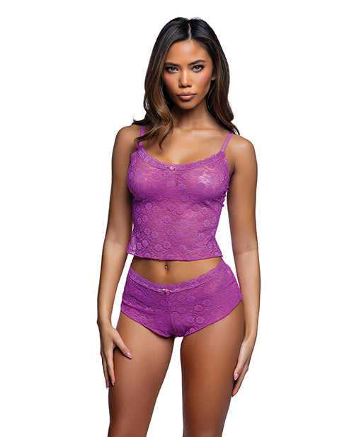 Lacy Lounger Floral Lace Camisole w/Matching Shorts - Fuchsia