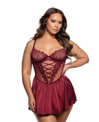 Lace & Satin Babydoll w/Crisscross Detail - Wine