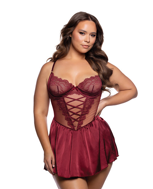 Lace & Satin Babydoll w/Crisscross Detail - Wine