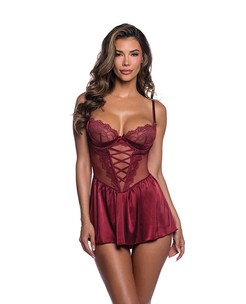 Lace & Satin Babydoll w/Crisscross Detail - Wine