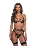 Lace & Mesh Underwire Bra, Thong & Garter Straps w/Gold Chain Detail - Black/Gold