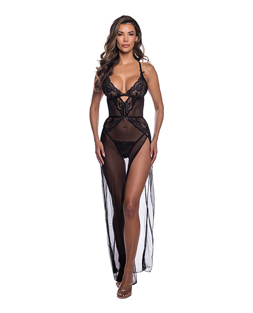 Sheer Desire Lace & Mesh Gown w/High Side Slit - Black