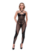 Flirty Fetish Fishnet & Faux Leather Catsuit w/Satin Trim Black