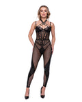 Flirty Fetish Fishnet & Faux Leather Catsuit w/Satin Trim Black