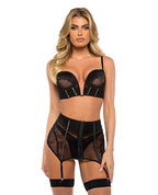 Belle Noir Chantilly Lace and Satin Garter Skirt 3 pc Set - Black