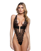 Fever Dream Chantilly Eyelash Lace and Stretch Satin Teddy - Black