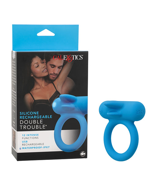Couple' Enhancer Silicone Rechargeable Double Trouble Enhancer w/Flickering Dual Teasers - Blue