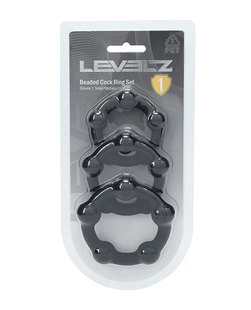 Shots Levelz Beaded Silicone Cock Ring Set of 3 (35 mm, 40 mm, 45 mm) - Black