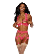 Lace Underwire Peek a Boo Bra, Garterbelt & G - String Coral