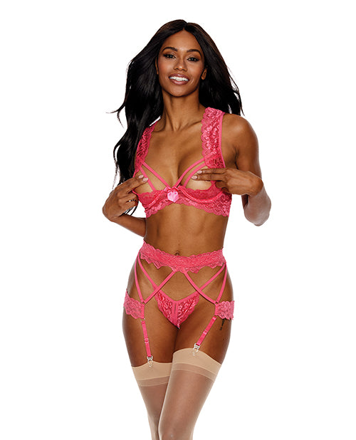 Lace Underwire Peek a Boo Bra, Garterbelt & G - String Coral