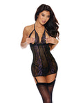 Lace & Mesh Peek a Boo Chemise w/Garter Black/Purple