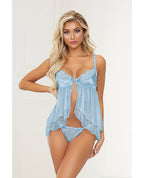 Satin Jacquard Dot Mesh Scallop Lace Babydoll & G - String Blue