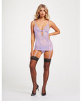 Lace & Mesh Triangle Cup Chemise w/Garters & Thong Lavender
