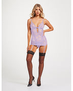 Lace & Mesh Triangle Cup Chemise w/Garters & Thong Lavender