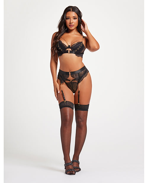 Scalloped Lace Bra w/Gold Chain, Garter Belt & Thong Black