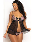 Floral Lace and Mesh Underwire Babydoll w/Open Back Panty 2 pc Set - Black/Pink